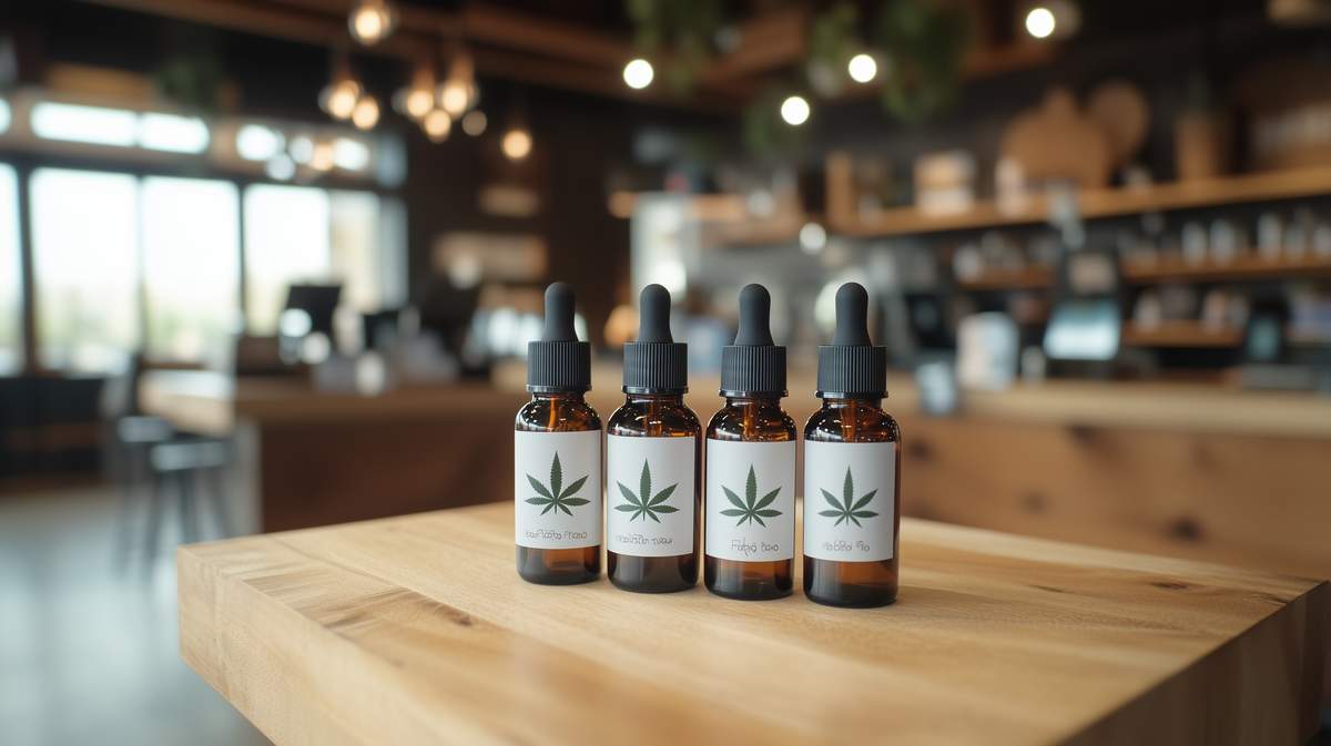 4 flacons d'huiles de cbd sur une table
